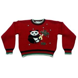 Vintage Christmas Sweater Panda Red Knit Womens Large Made Korea